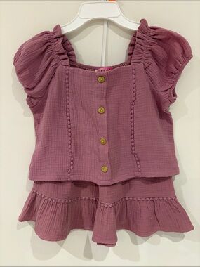 paper doll pink Two-Piece Button Front Top & Skirt Set